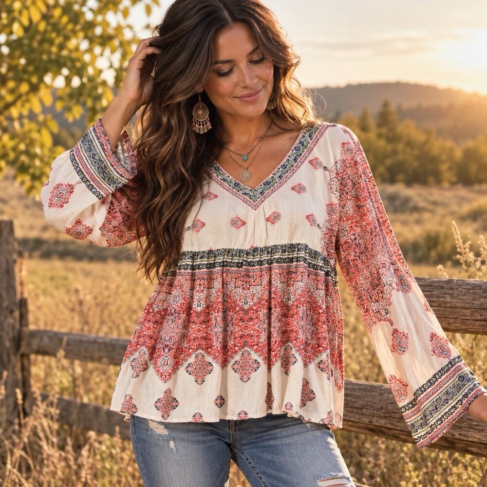 Sundance Sz PL Boho Paisley Border Print Rayon Blouse Peasant Babydoll Tunic